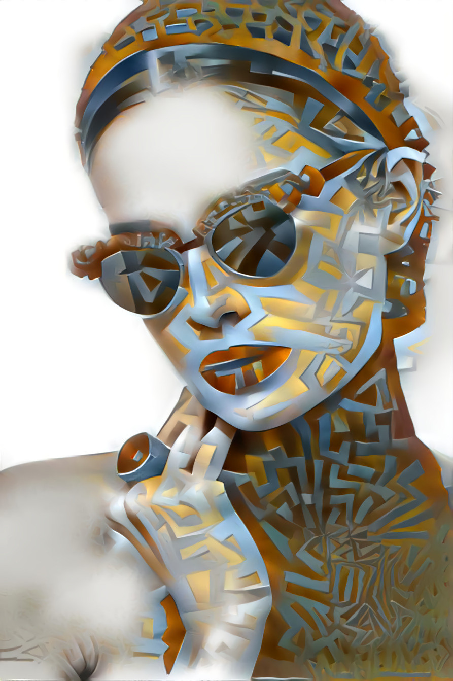 model in sunglasses touching chin, gold, grey