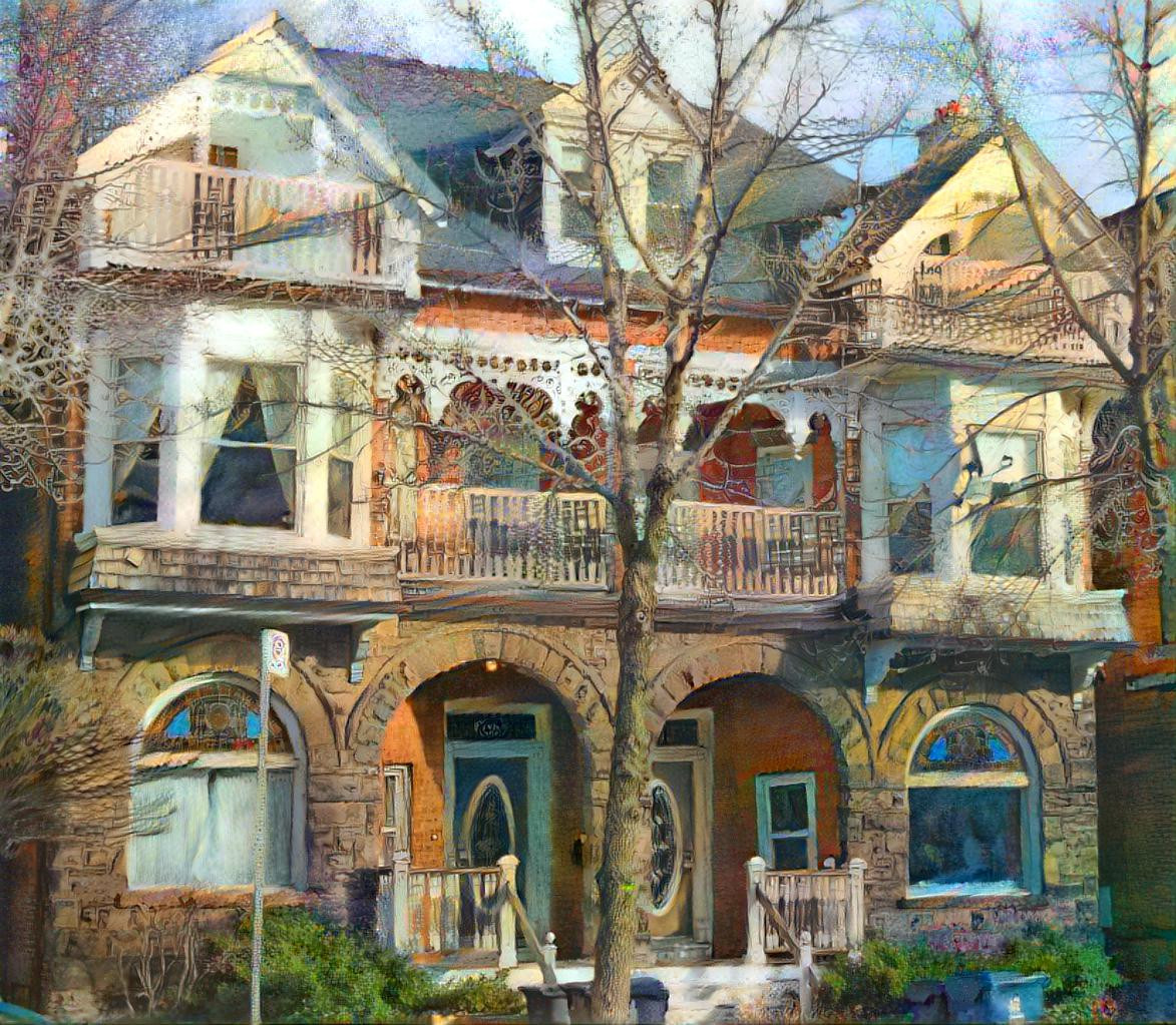 Victoriana laced with bare branches.  Toronto's Kensington neighborhood. Style includes works by Louise O'Hara, Anton Pieck, Alice Bailly, Henri Martin, and Leon Spilliaert.