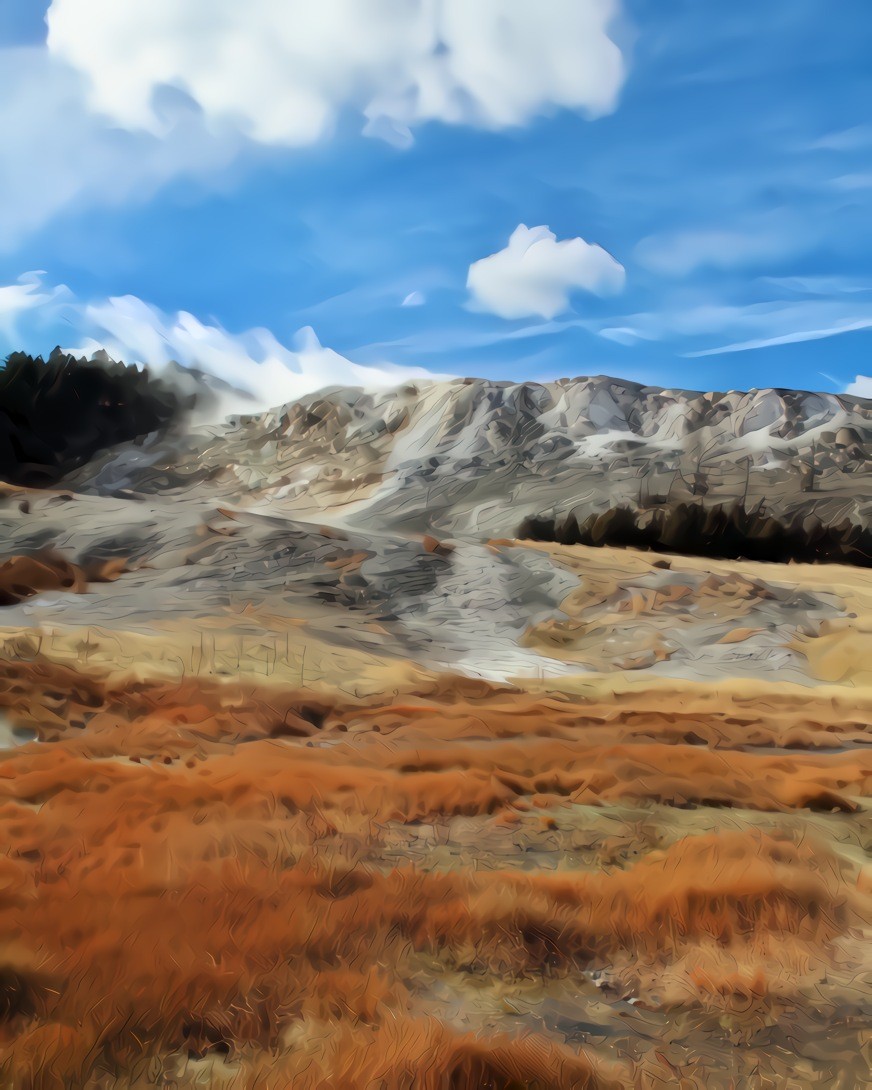 Mammoth Hot Springs, Yellowstone National Park. Style is a painting by Georgia O’Keefe.