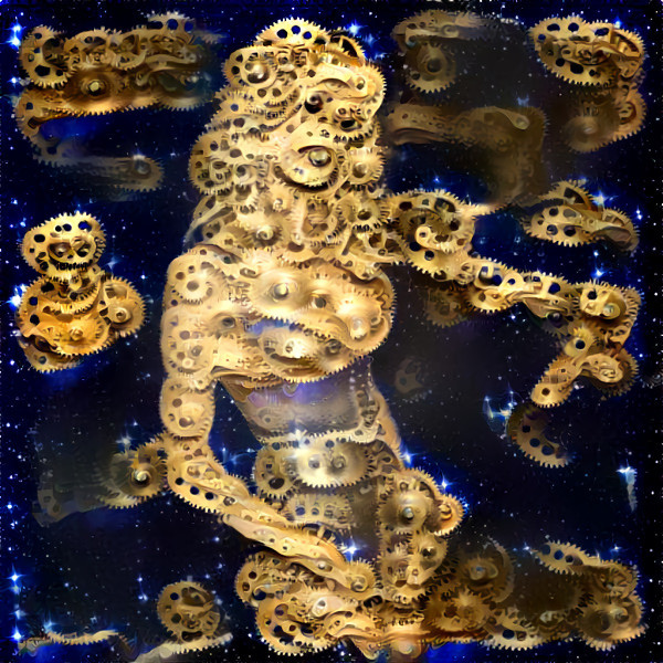 claudia schiffer in iridescent dress, gold gears