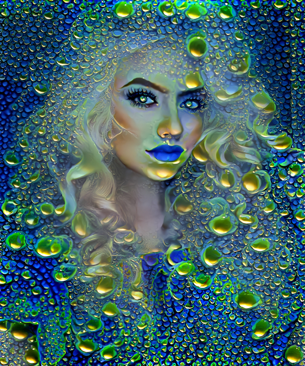 model - curly blond - green water droplets on blue