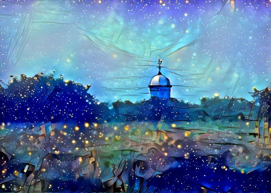 Tower beyond the hill with fireflies