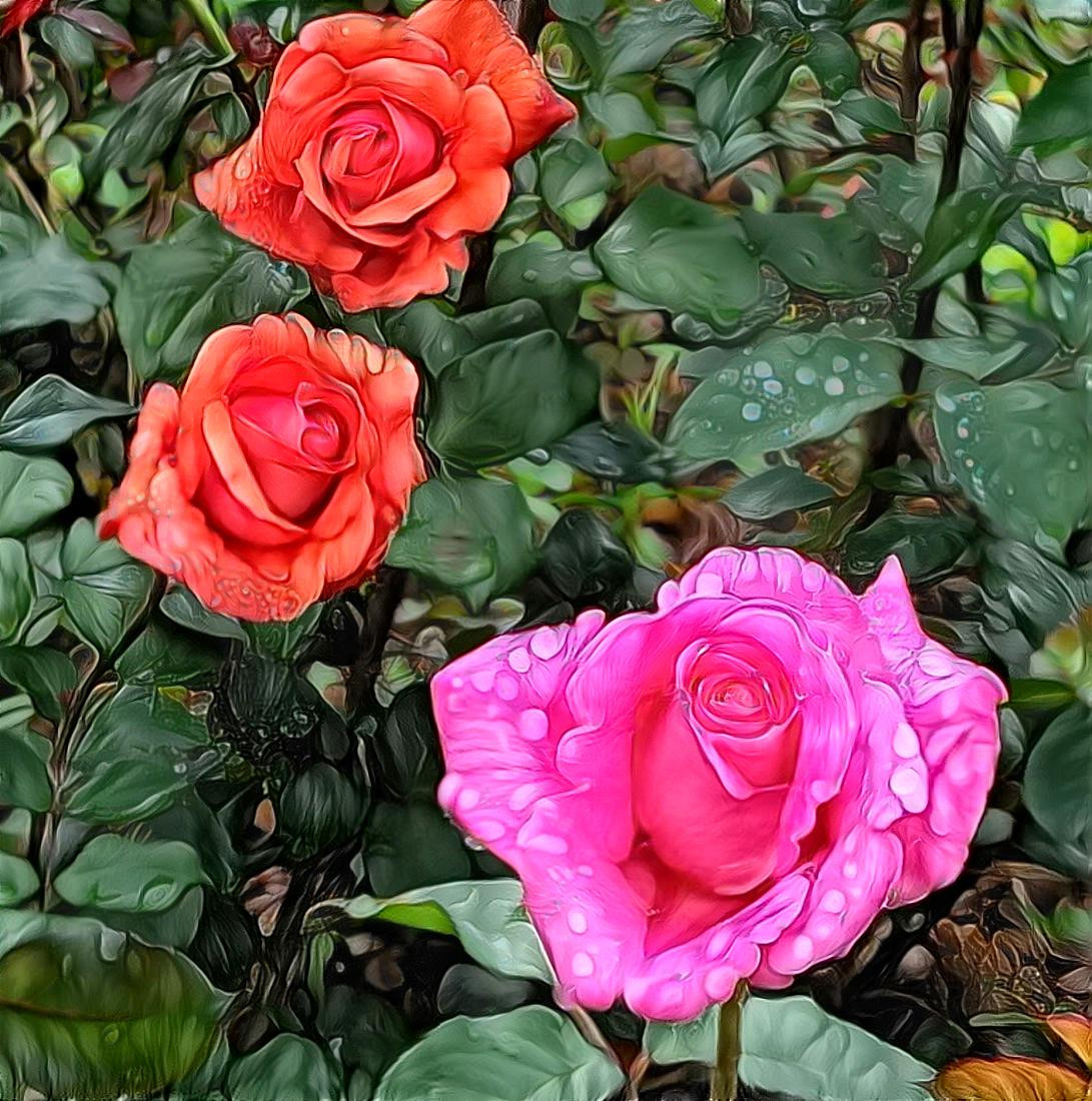 Three roses with raindrops of May