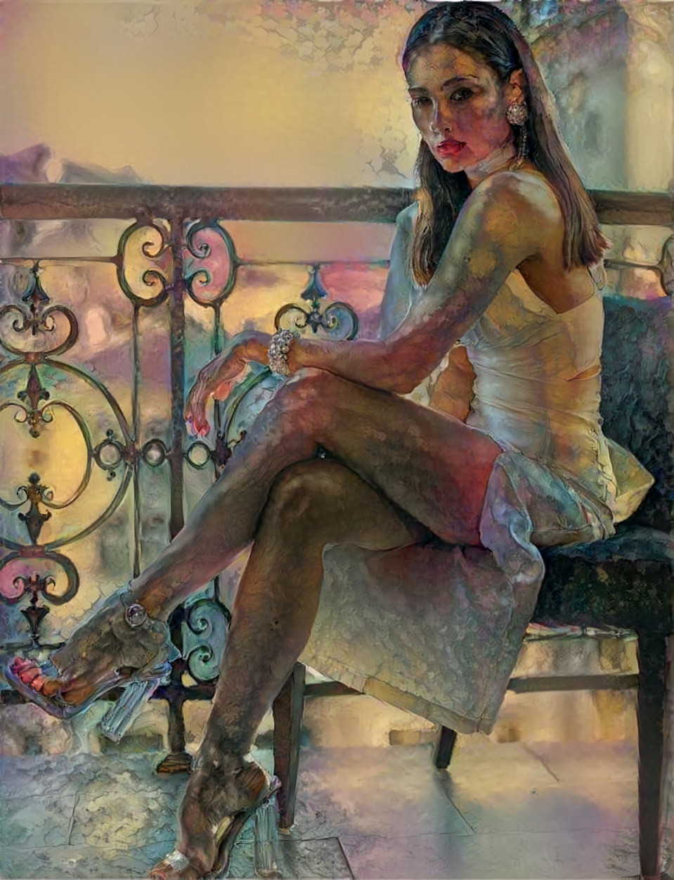 model sitting on balcony crossing legs, painting