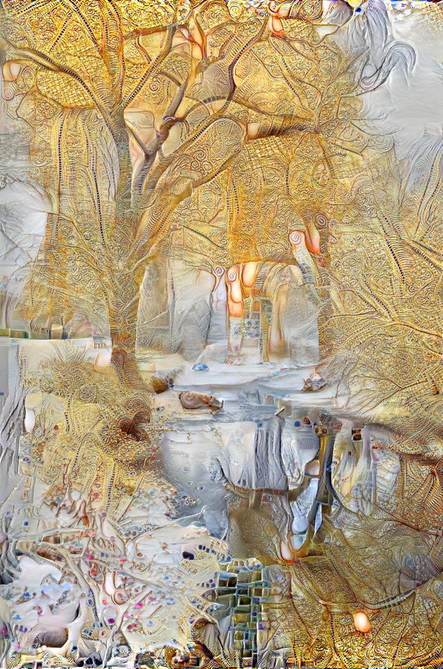 trees on snowy bank, retexture, white, gold