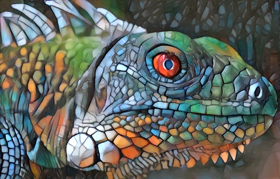 Mosaic iguana. Original - https://zooclub.org.ua/yashhericy/64-zelenaya-iguana.html  Style - https://yandex.ru/collections/card/5a15a9182321f20093f4c171/
