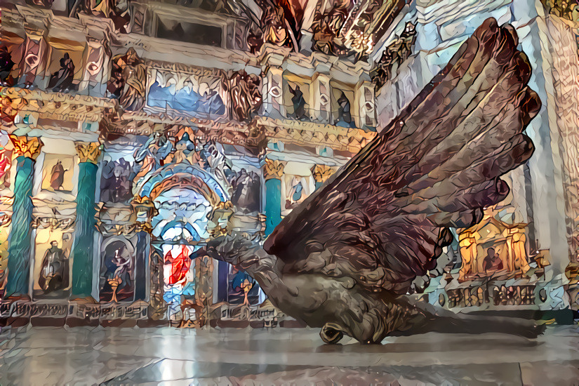 A silver-coated dove after restoration, before being raised under the dome of St. Isaac of Dalmatia Cathedral, St. Petersburg