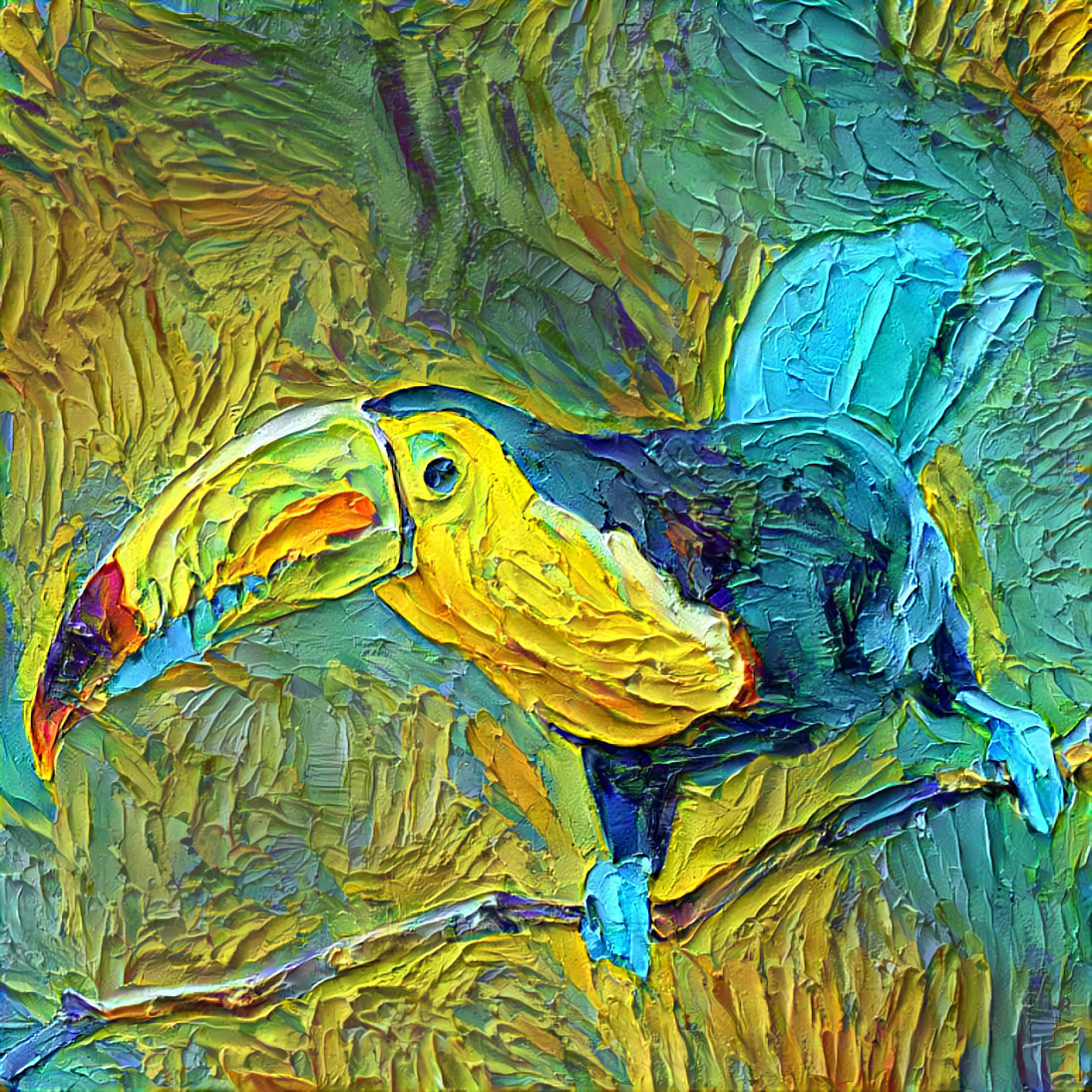 toucan bird painting - yellow, blue, green