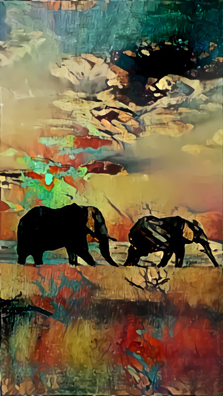 elephants in distance, silhouette
