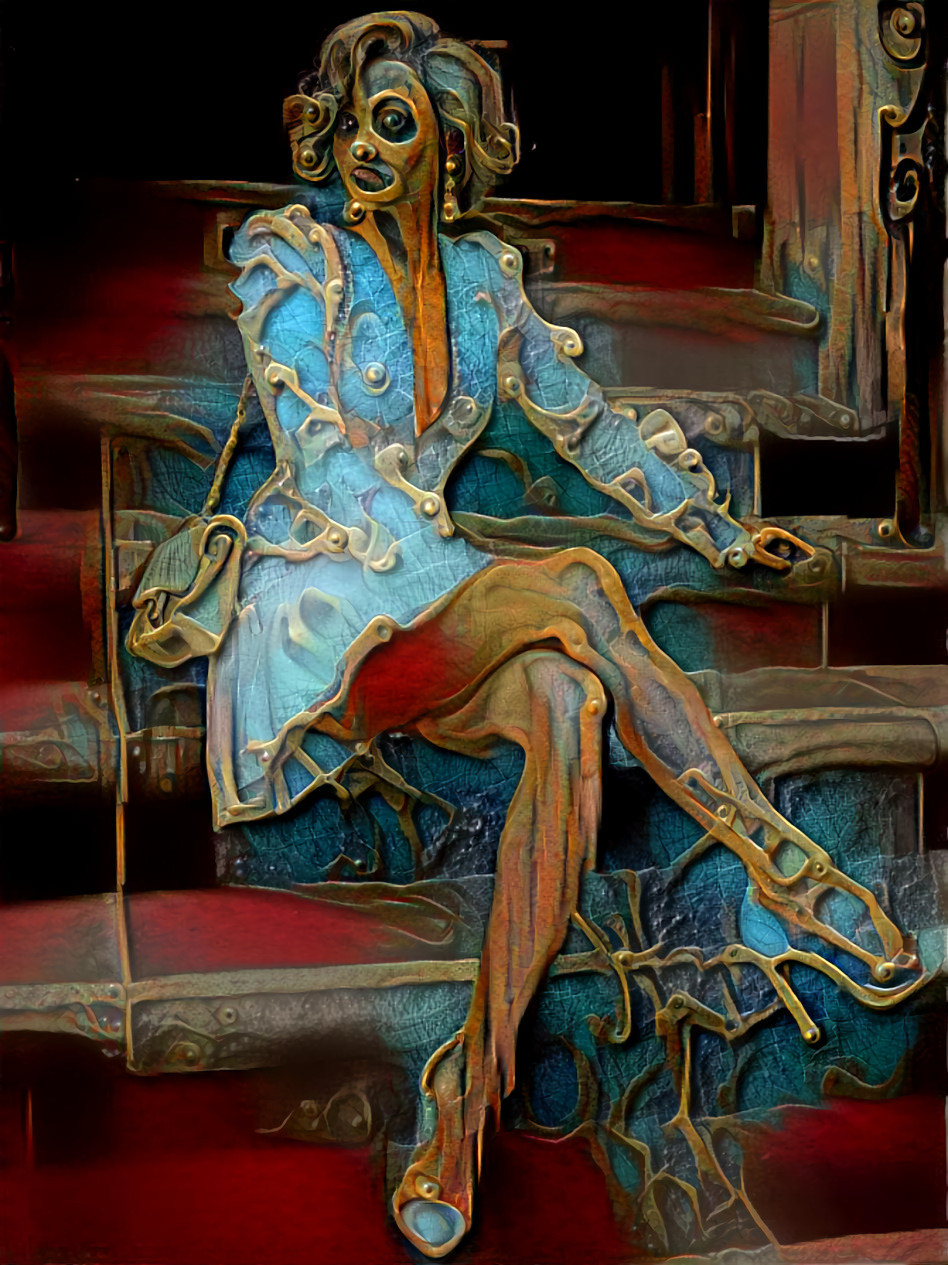 model crossing legs, blue, gold, tan, brown