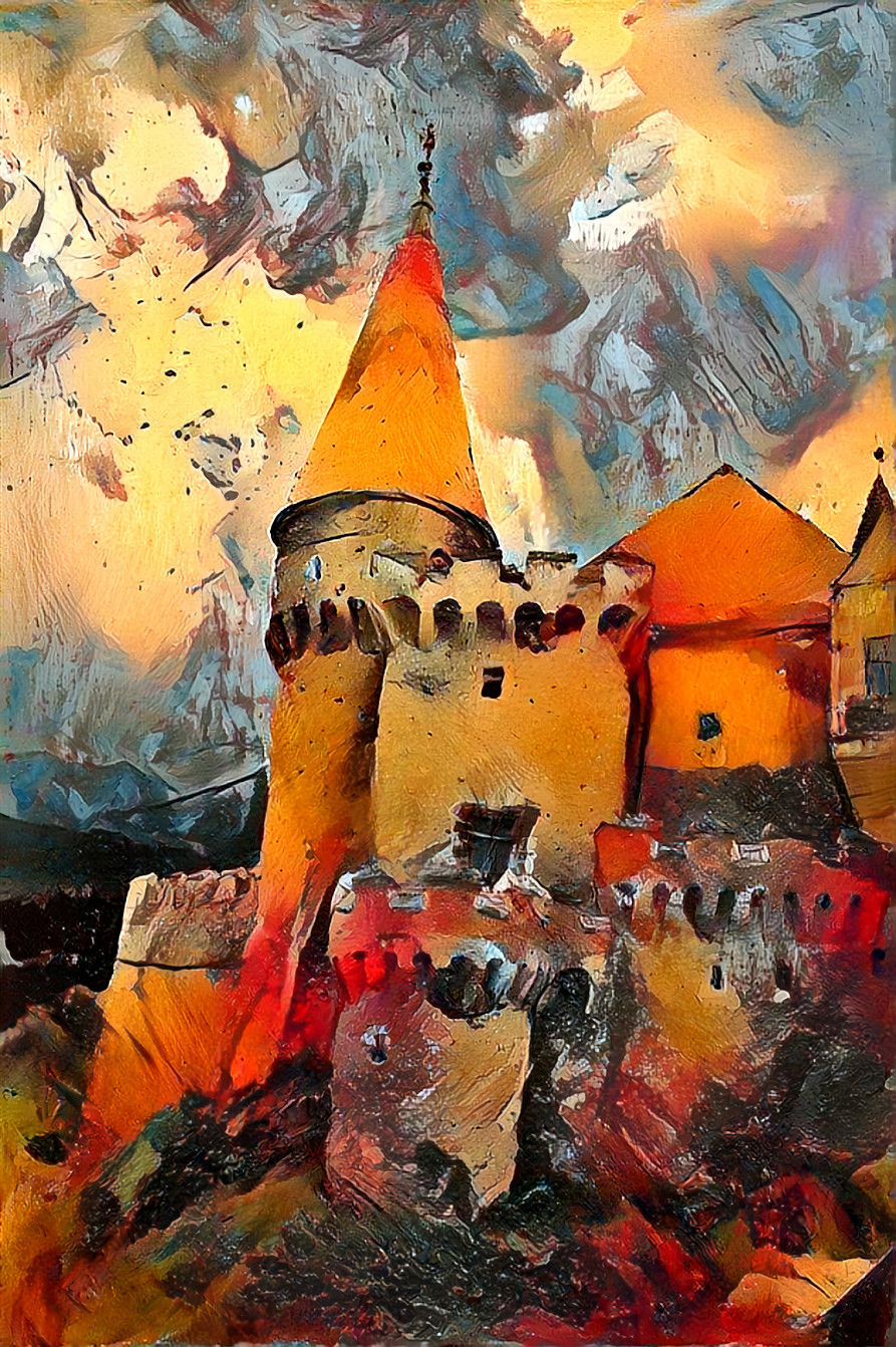 castle - red, yellow, orange, blue painting