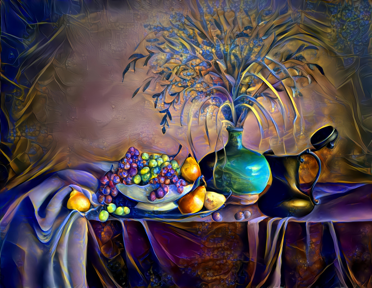 "Still life with a green vase and fruit" 