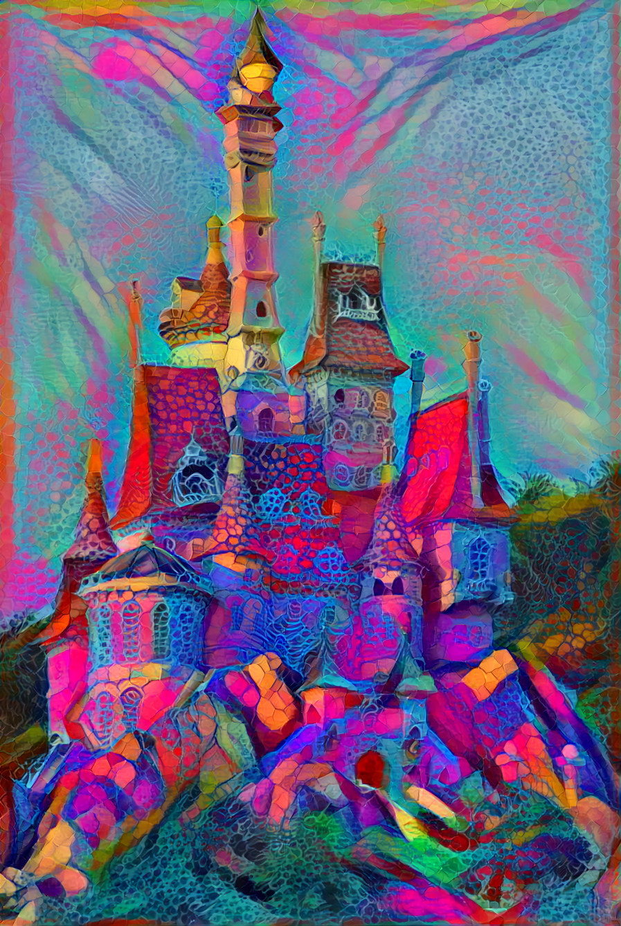 castle, retextured, purple, pink, aqua, 2
