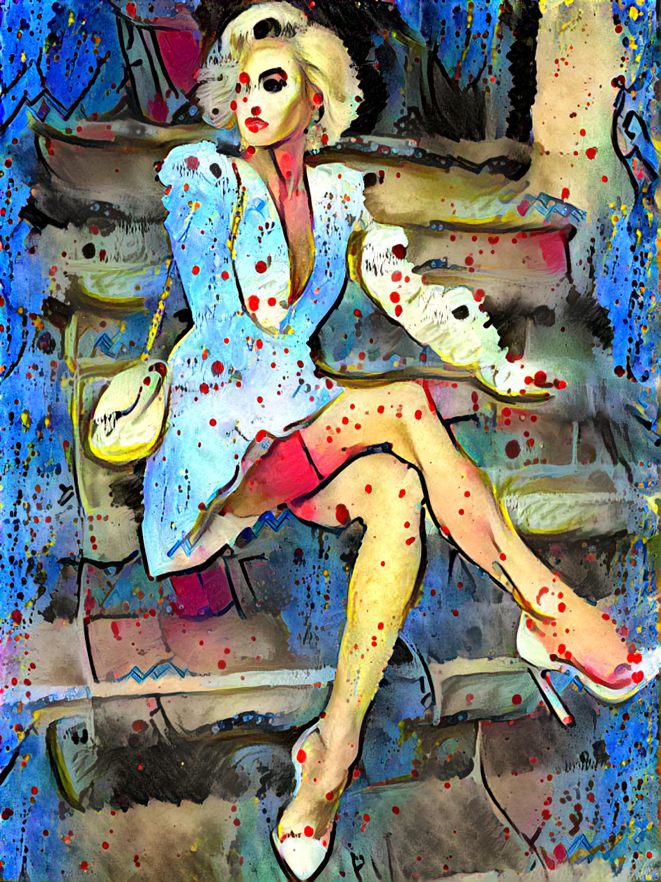 model crossing legs, blue, red, yellow, watercolor
