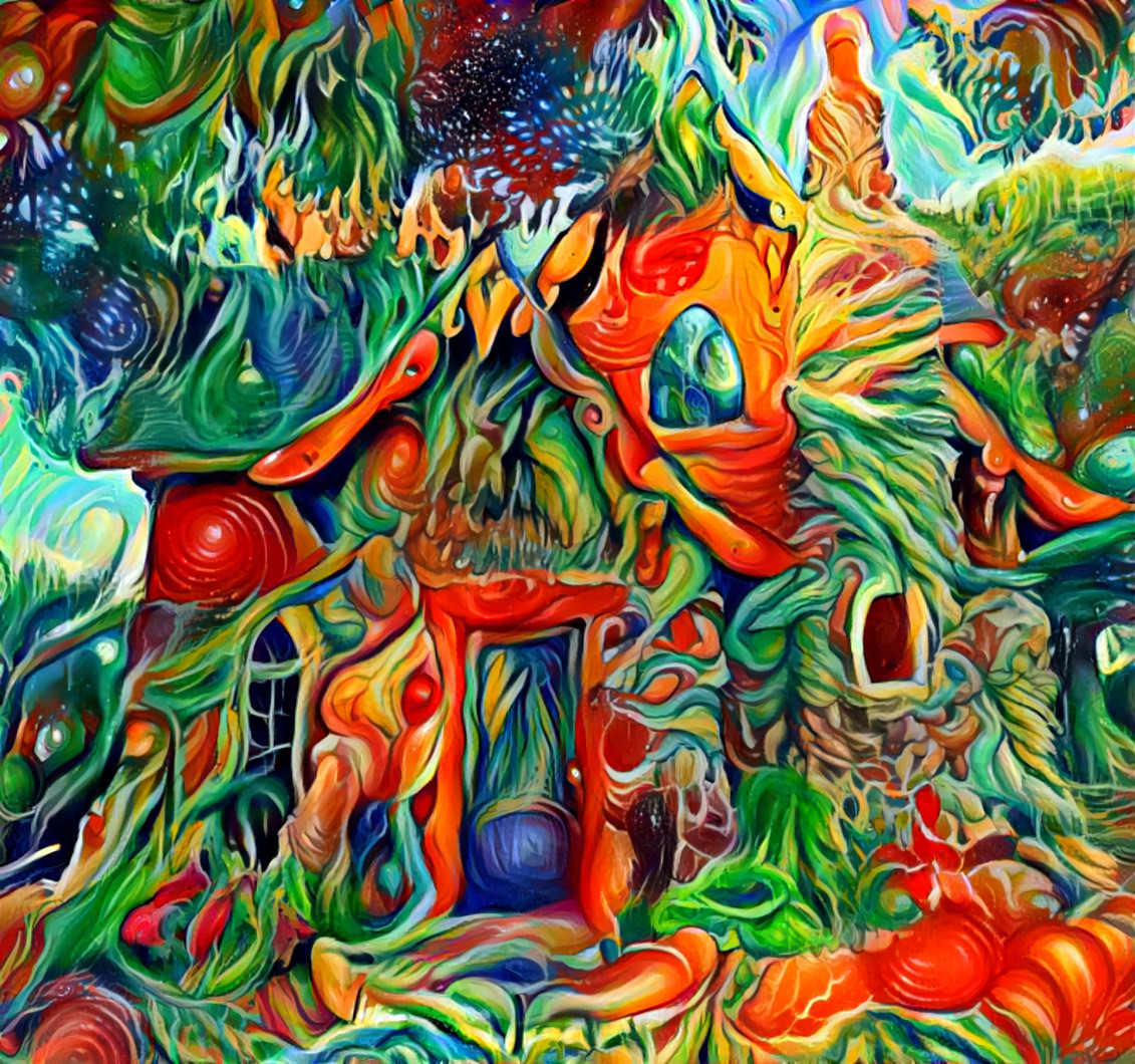 storybook house, distorted, orange, green art