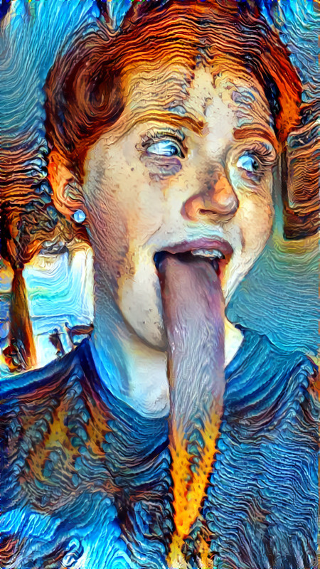redhead with long tongue, blue, red swirled art