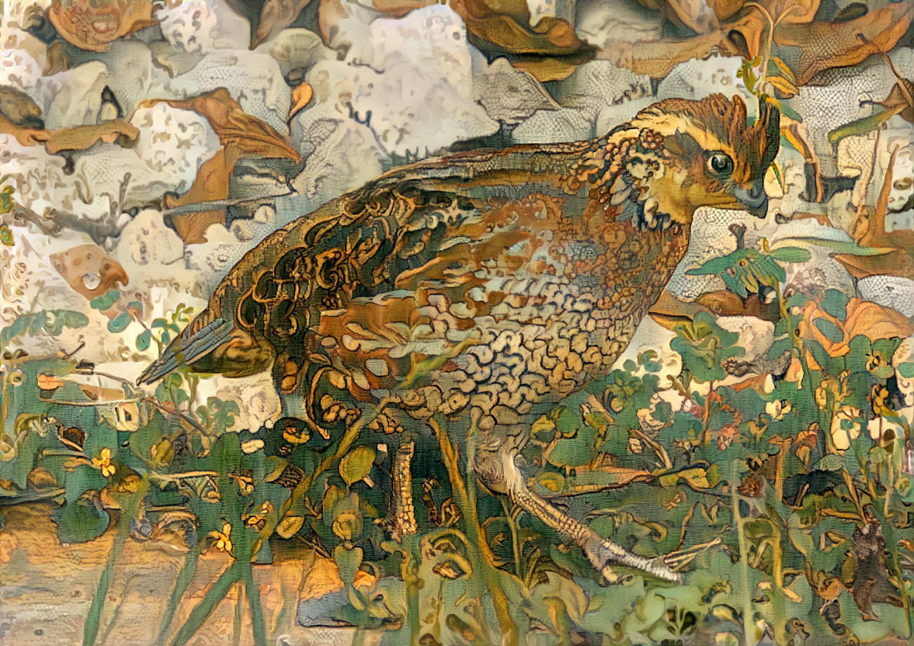 One miracle wrought by the warp and weft of life: a female northern bobwhite quail, Colinus virginianus, in north Florida, styled with The Tree of Life, a tapestry woven in the early 17th century.