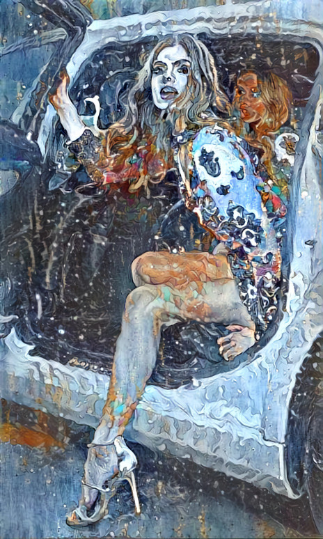 model stepping out of car ~ messy painting