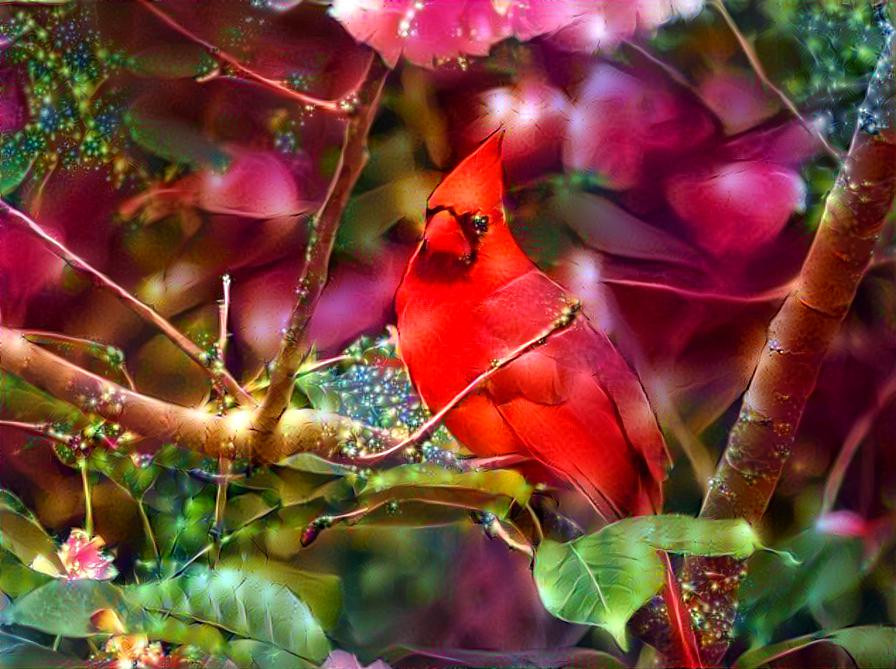 Cardinal Among the Tree Blossoms