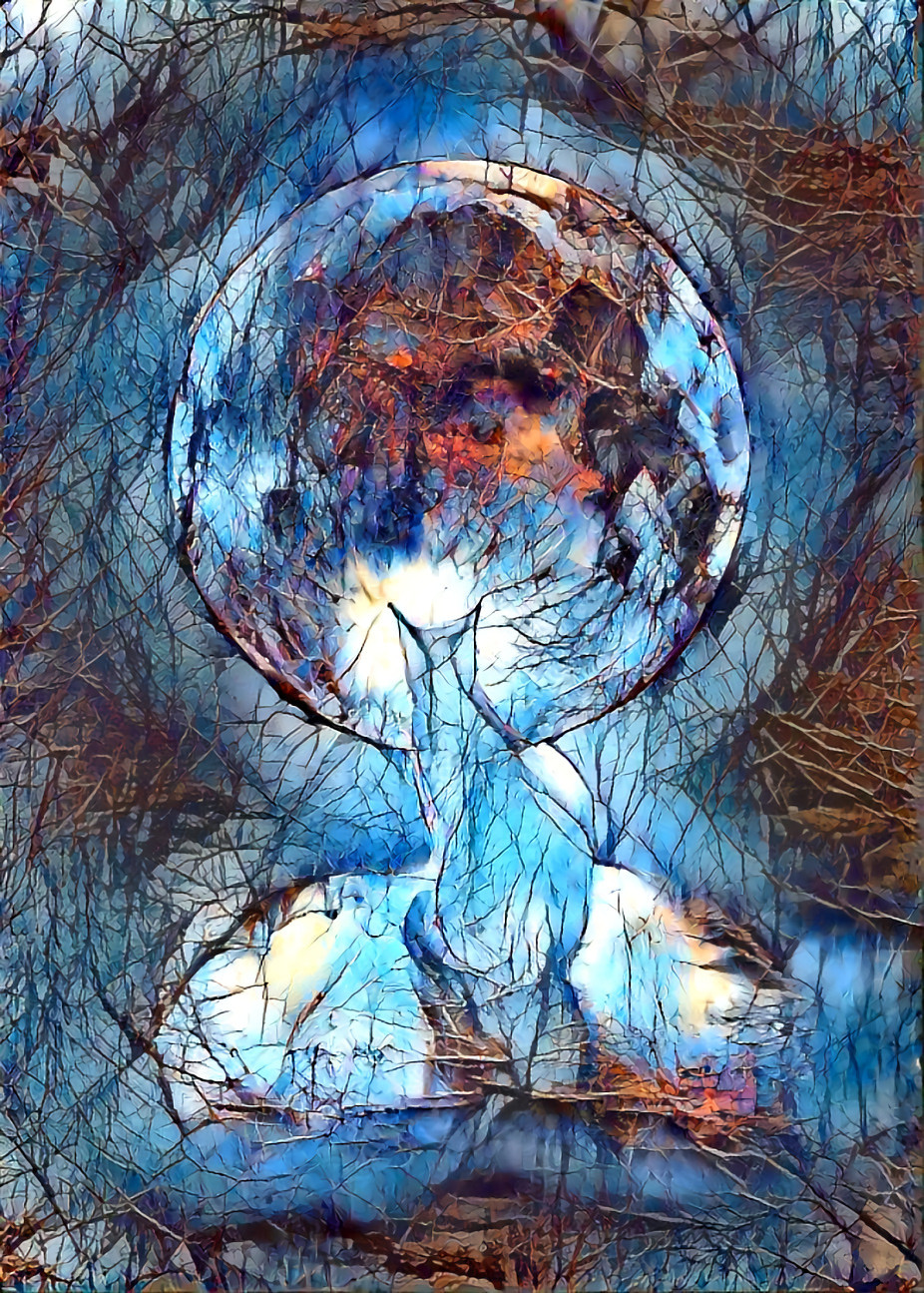 cat staring at moon ~ blue light, tree branches