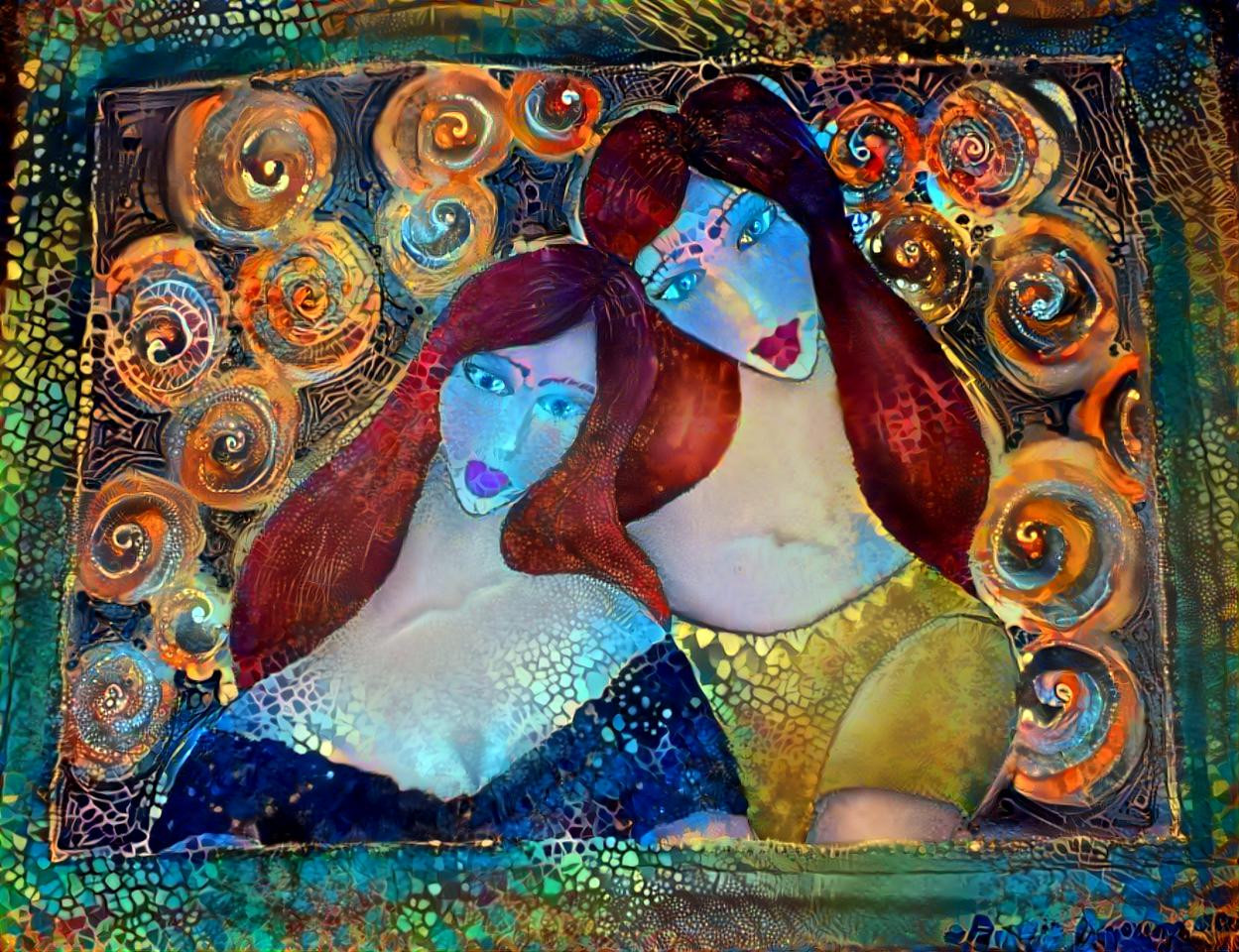 Fabricpainting of a Mother and Daughter.