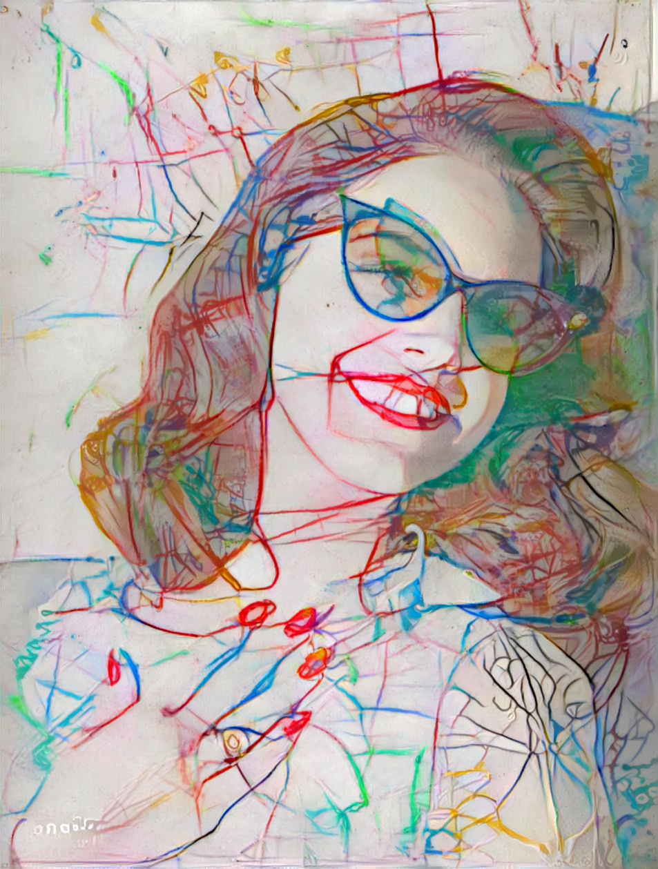 model in sunglasses touching collar, color crayons