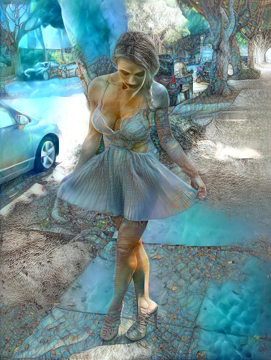 shantal monique, dress, blue, sidewalk