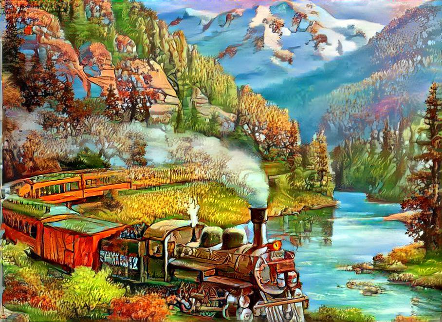 Steam train through landscape