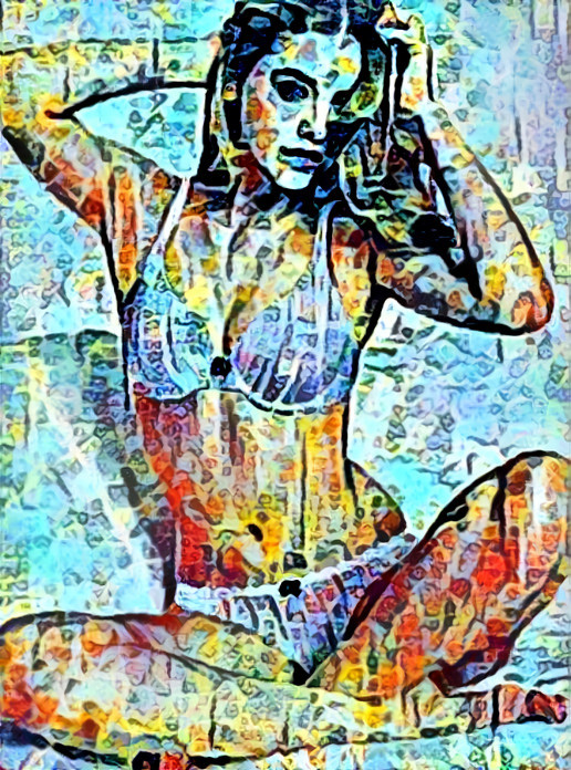 barbara palvin in bikini sitting crosslegged, blue
