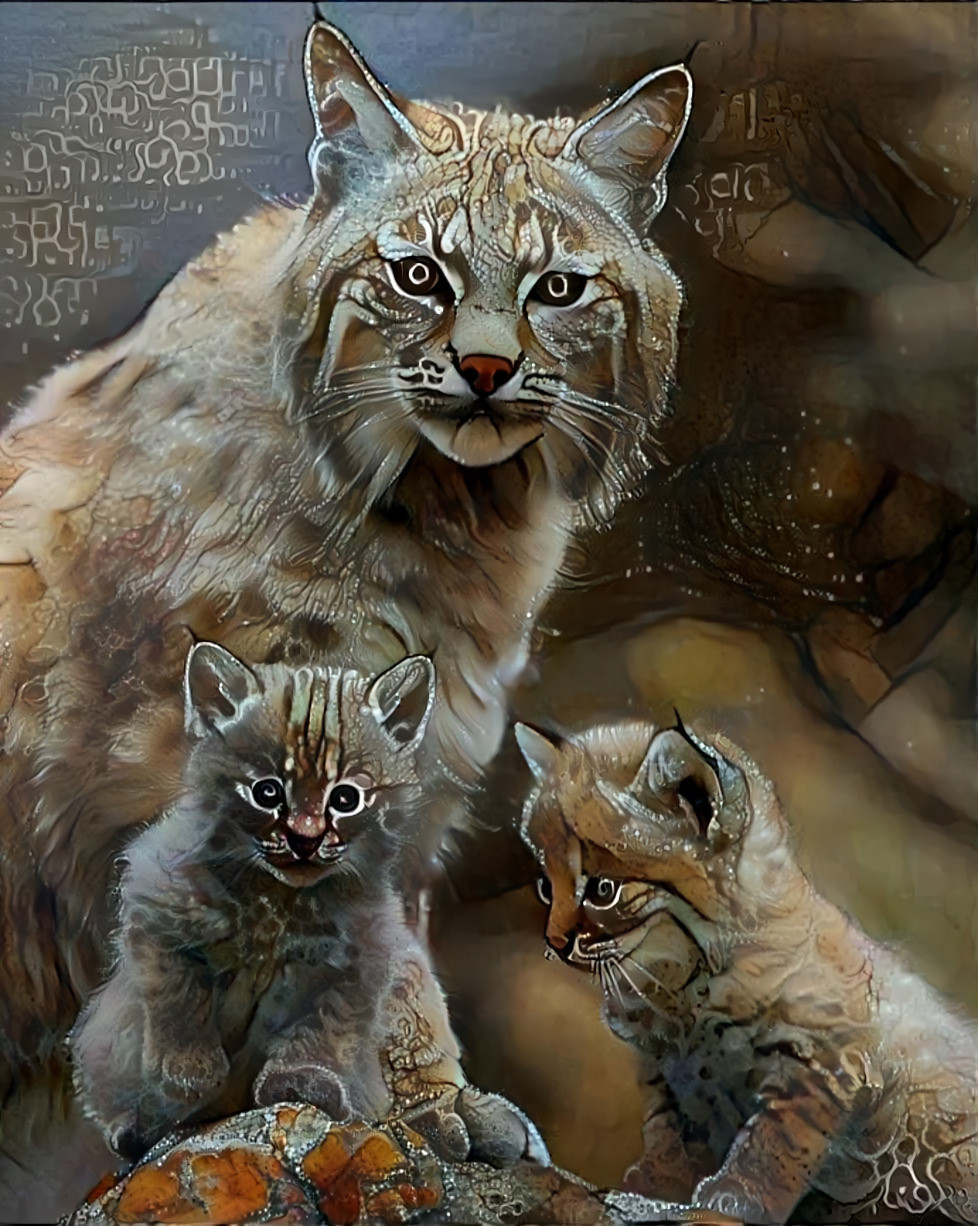 Mama bobcat with her babies