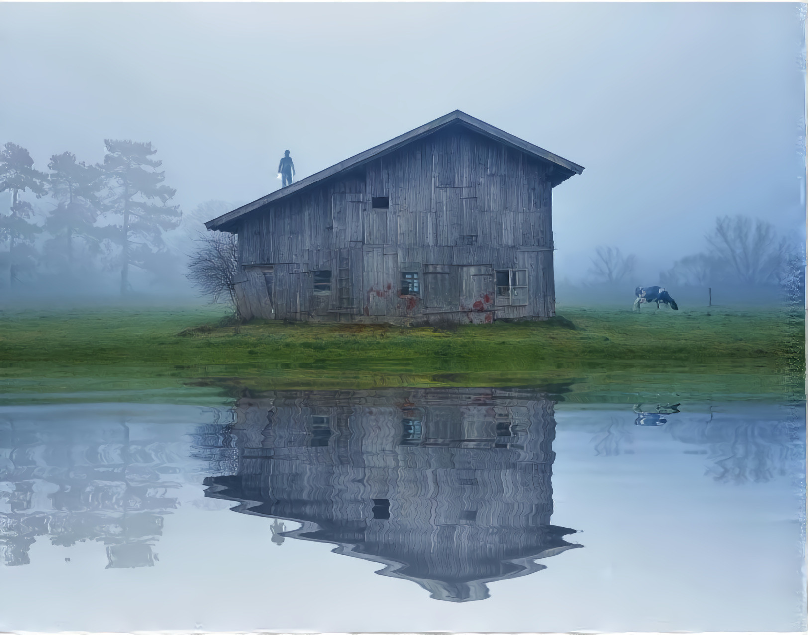 Barn, Pond,Trees and Fog