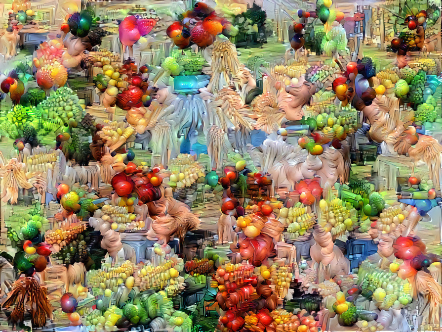 Deep dreaming a deep style transfer of a 15%-ly trained GAN generator output.