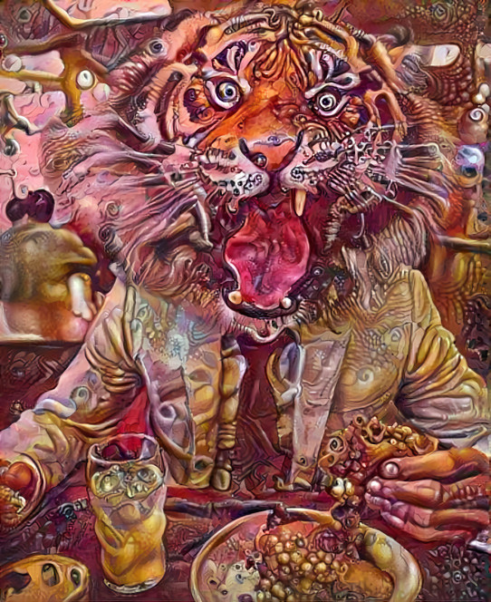 tiger in restaurant eats hamburger - art