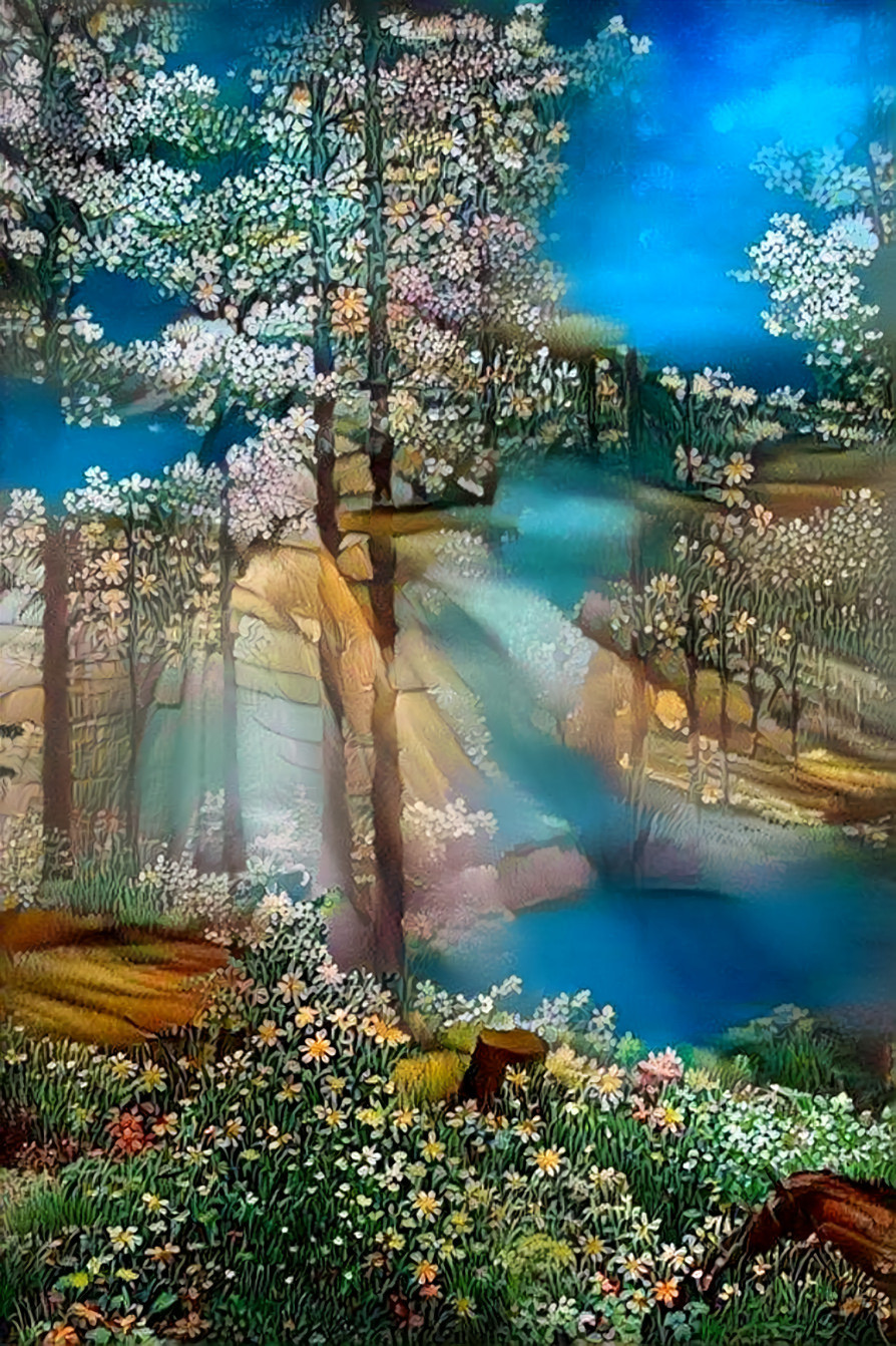 light through trees, flowers & blue background
