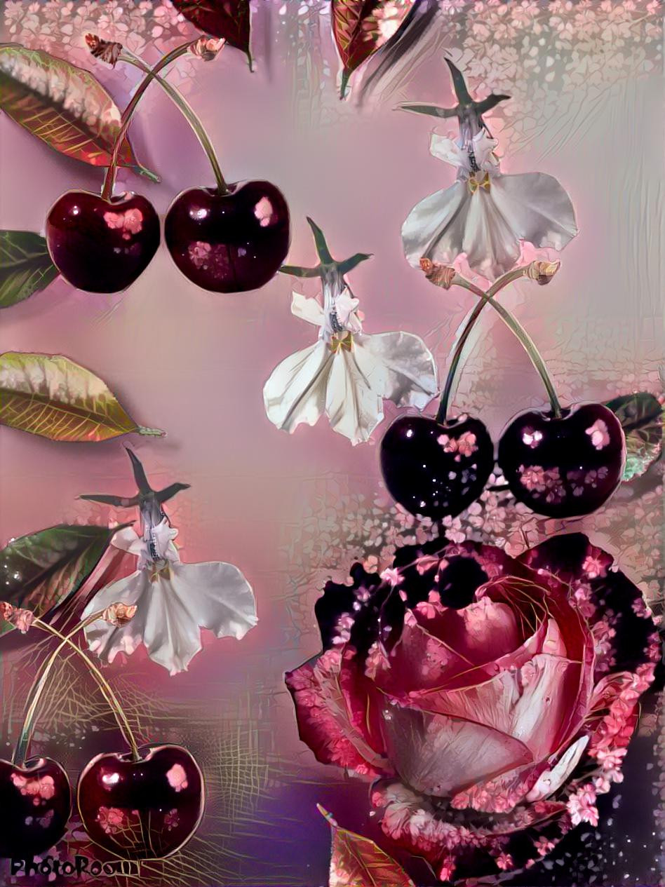 Cherries and roses in pink