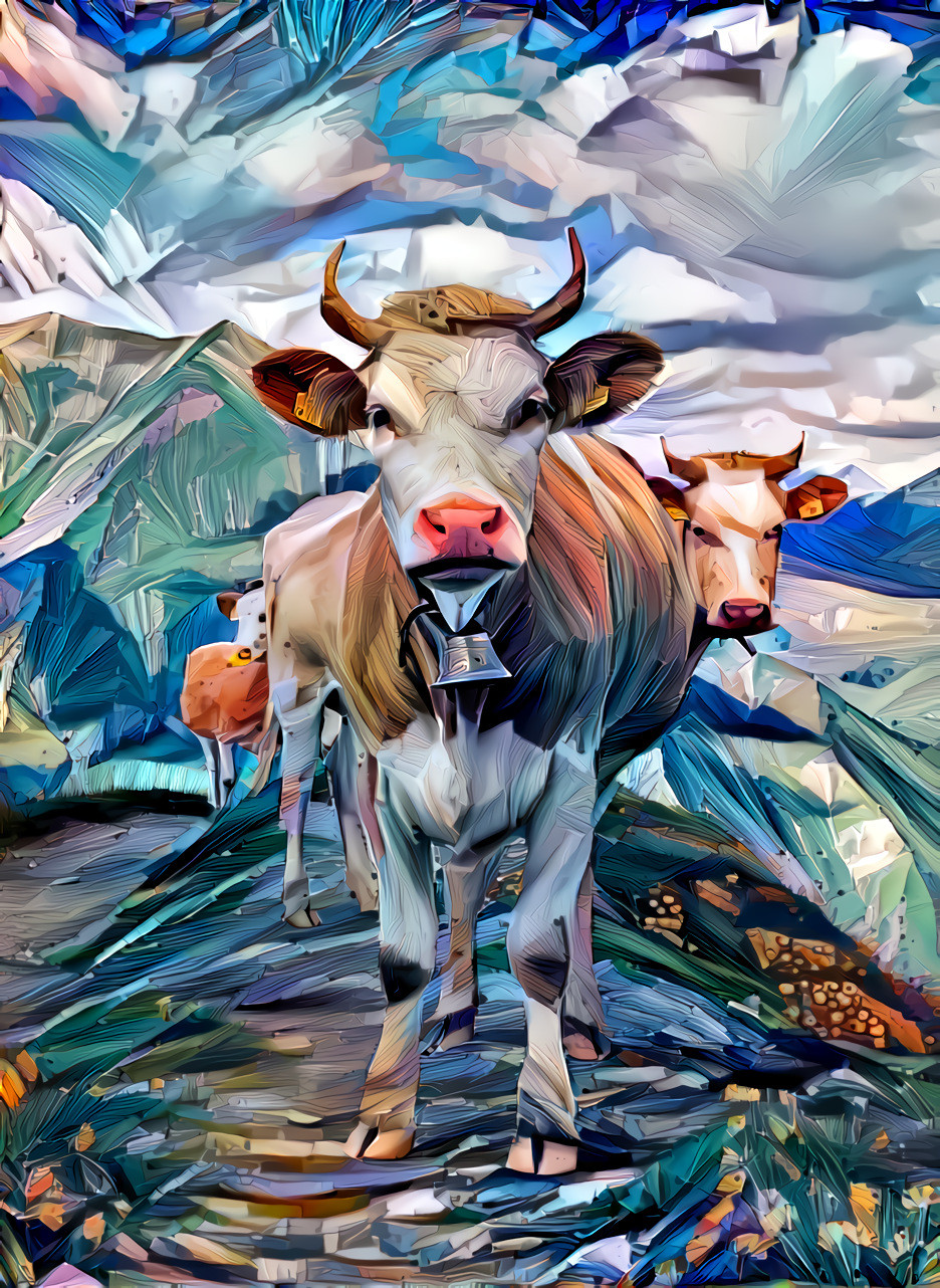 Three cows, mountains