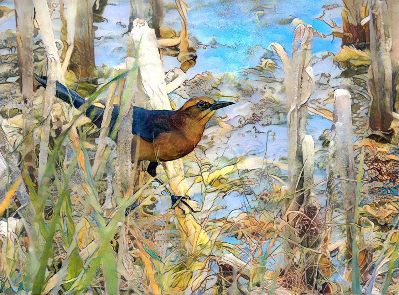 A curious scrutiny. A female boat-tailed grackle (Quiscalus major) at St. Marks Wildlife Refuge, Florida. Style by me.