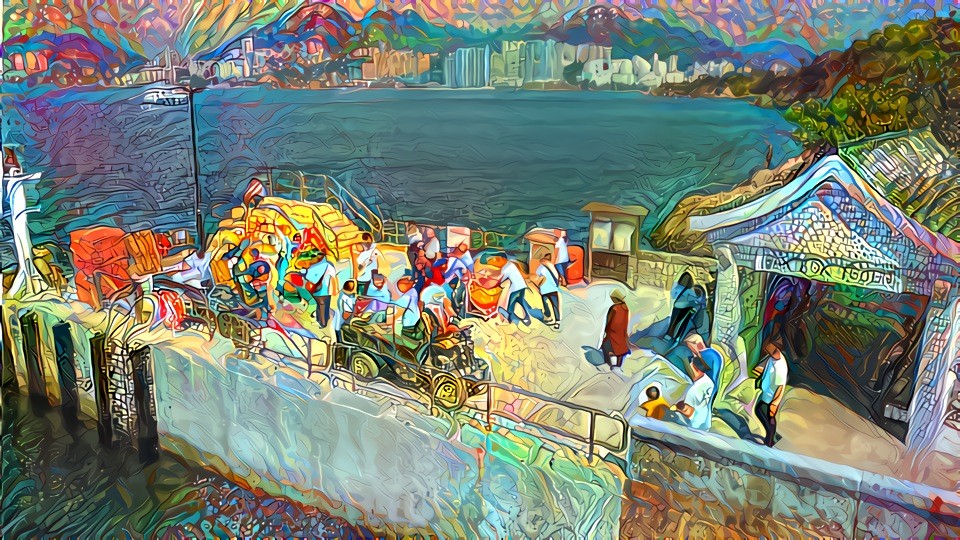 Lion dancers arriving on our ferry pier on Lamma Island, Hong Kong