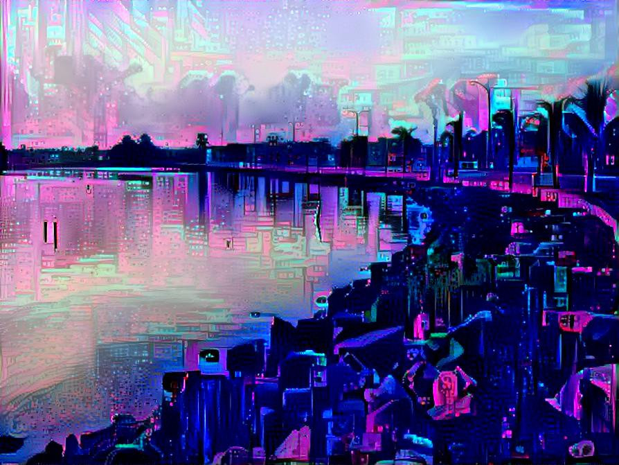 Cyberpunk City Reflected in Still Water