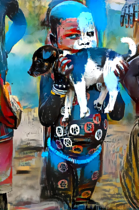 model eats a puppy, tribal painting