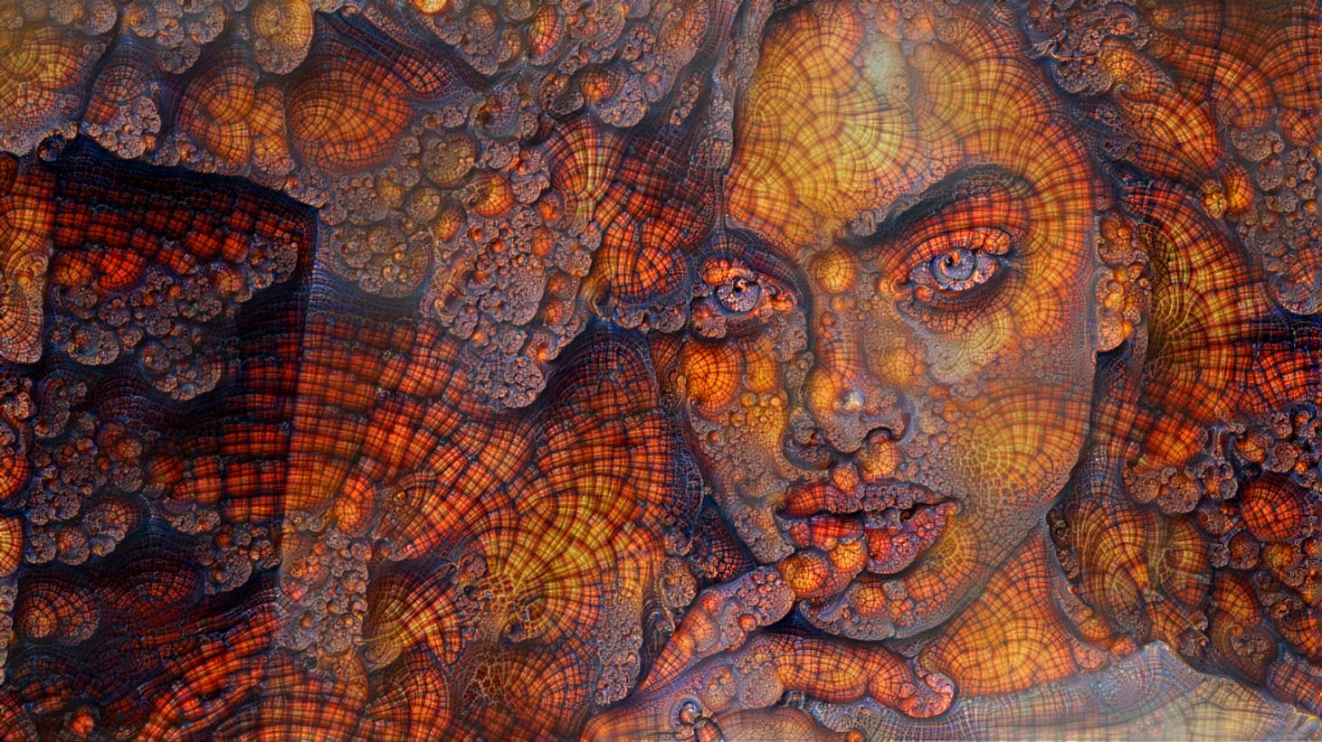 yael shelbia touching lip, orange fractal