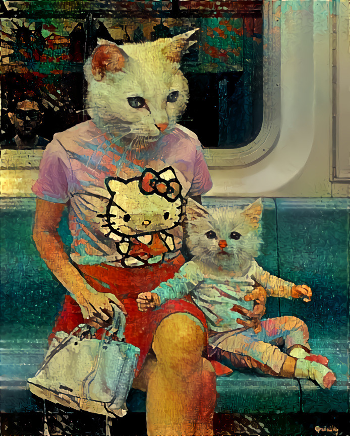 cat mom & kitten ride the subway