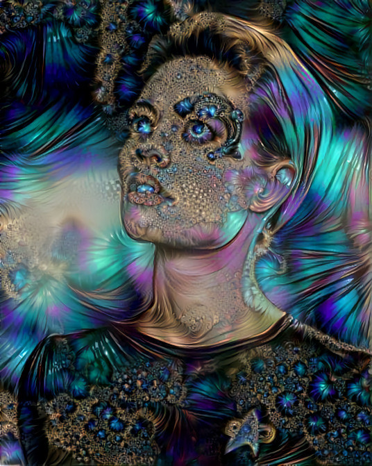 Jeri Ryan, looking up, aqua, purple, fractal