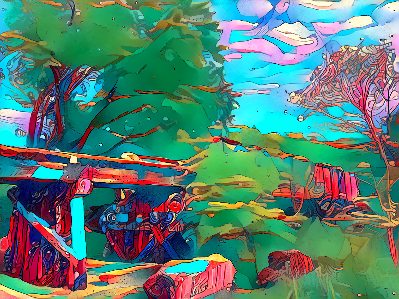 Cartoon-wisp bridge and tree