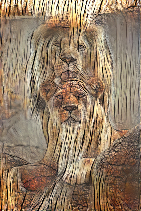lions, wood grain