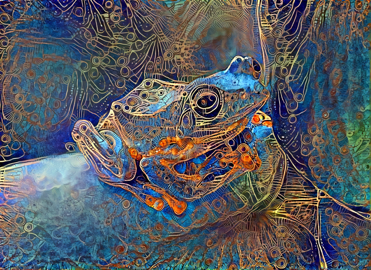 Blue frog, gold and copper wire