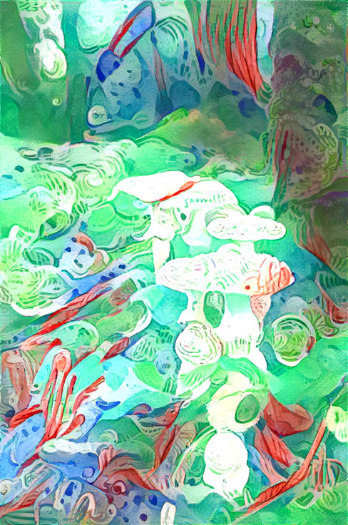 mushrooms retextured, green orange blue watercolor