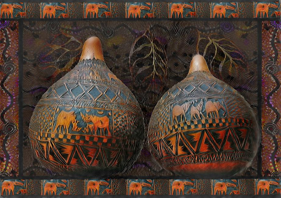 African gourds with intricate carved surfaces.