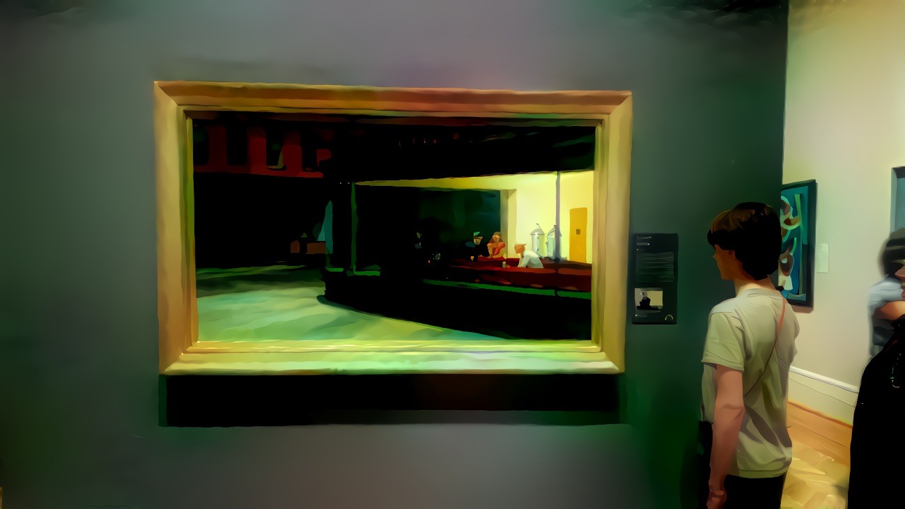 Boy viewing Nighthawks filtered with the same painting