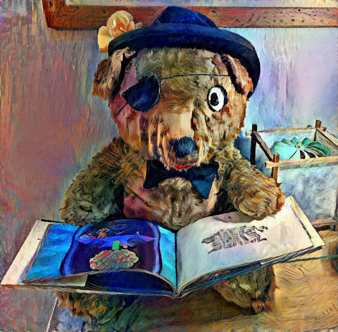 Beauregard Bear - won at the state fair more than 60 years ago, threadbare and patchy, but still dapper in his own way. Style incorporates Alice Bailly's embroidery, 1926, and a crop from August Macke's portrait of his wife.